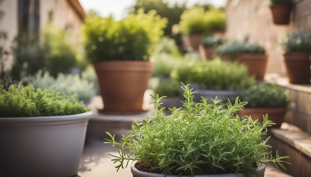 A variety of potted herbs growing in a home garden setting, with a focus on a lush rosemary plant in the foreground.