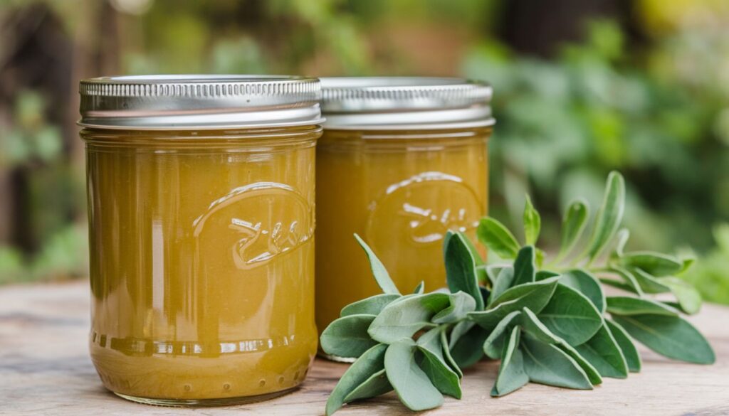 Two glass jars filled with a golden-colored jelly, sealed with metal lids, placed on a wooden surface next to a bunch of green sage leaves.