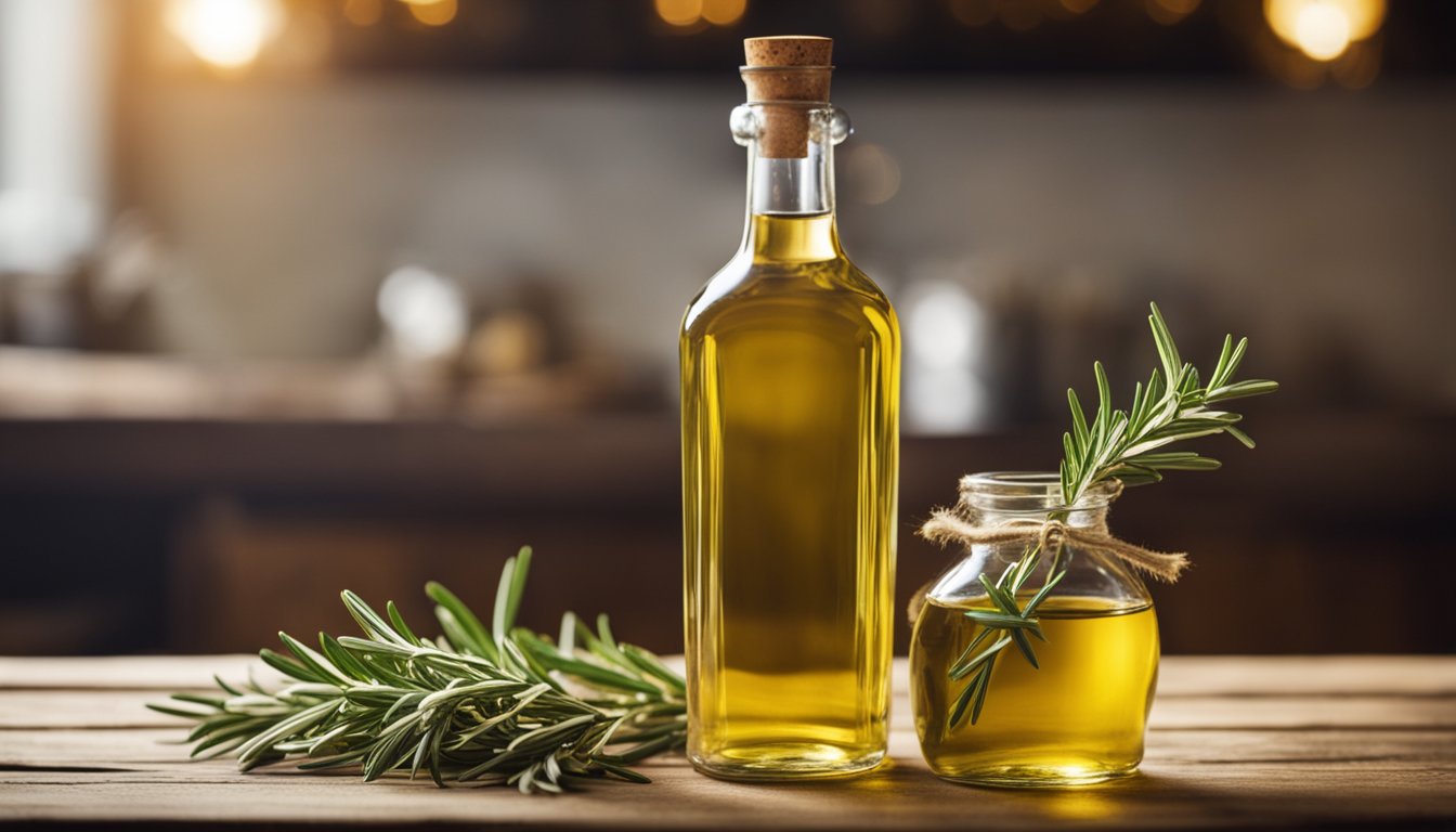 A glass bottle filled with rosemary-infused olive oil, with fresh rosemary sprigs inside, placed on a wooden surface.