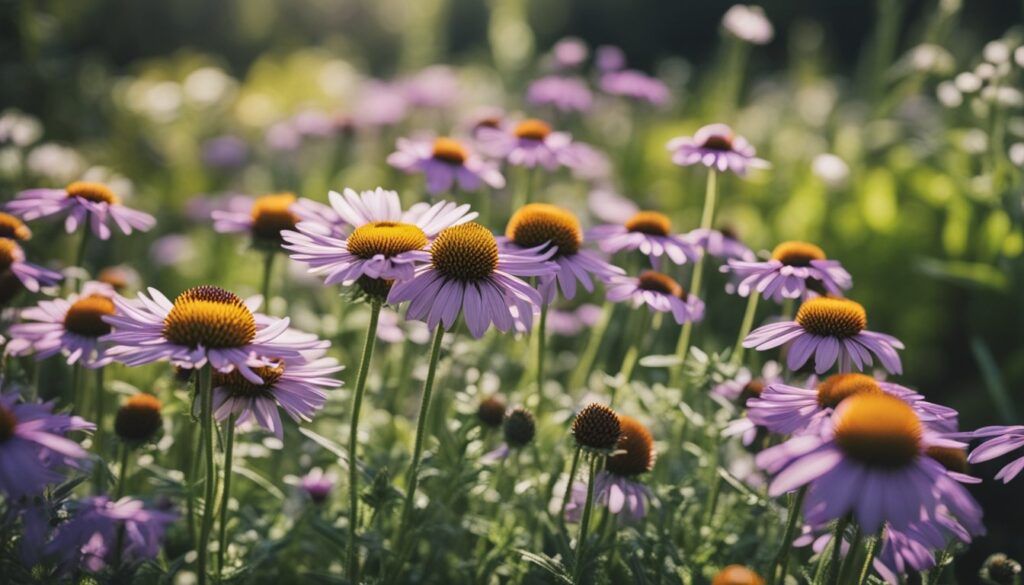 A field of purple coneflowers (Echinacea purpurea) bathed in soft sunlight, symbolizing natural herbal medicine.