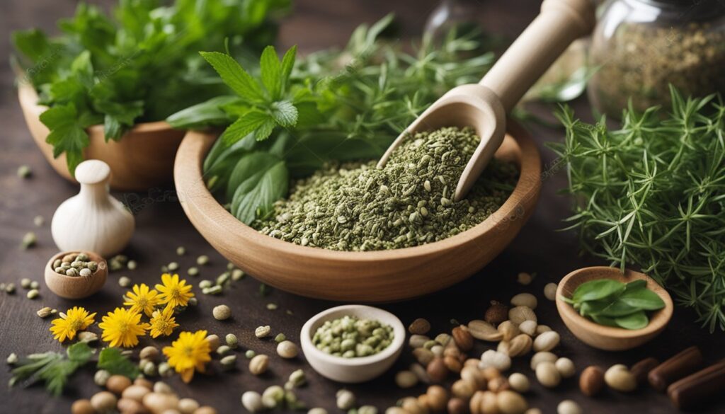 A variety of fresh and dried herbs displayed on a wooden surface, including parsley, mint, rosemary, and small yellow flowers, with a wooden bowl filled with green herbal powder and a scoop.