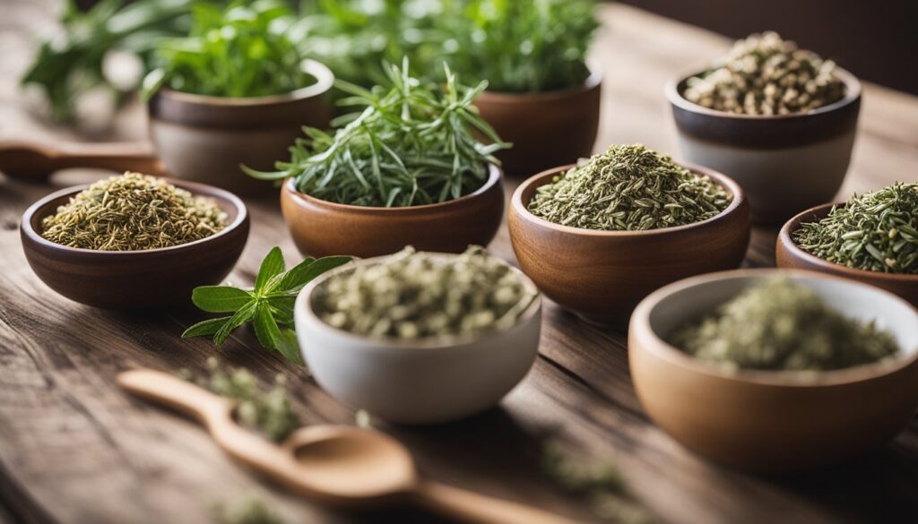 An array of small wooden bowls and pots filled with various green herbs on a wooden surface, suggesting ingredients for herbal tea recipes aimed at enhancing skin health.