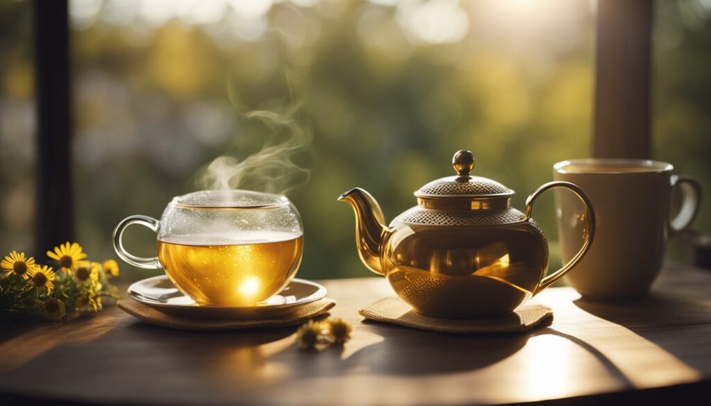 A clear glass teapot filled with golden herbal tea sits beside a matching glass cup on a wooden table. Sunlight filters through the scene, highlighting the steam rising from the cup and the vibrant greenery in the background.