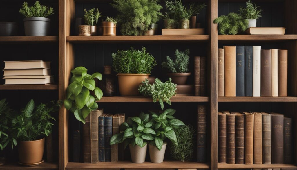 A wooden bookshelf filled with various potted plants and a collection of books, some with titles visible, suggesting a theme of herbology or plant study.