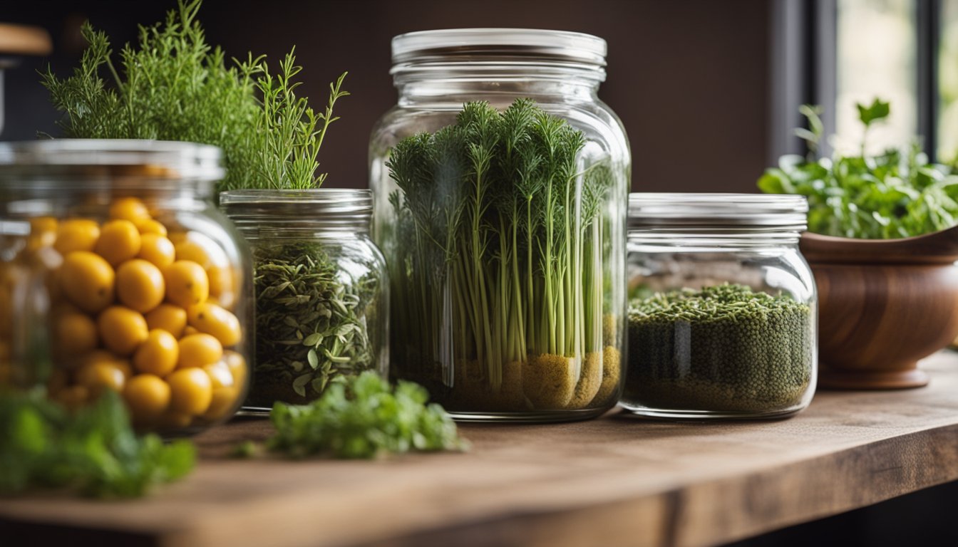 A variety of fresh herbs displayed in clear glass jars on a wooden surface, with a dark background enhancing the vibrant green colors.