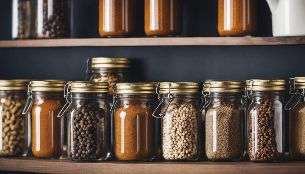 A row of glass jars with metal clasps, filled with various herbs and spices, lined up on a wooden shelf against a dark background.