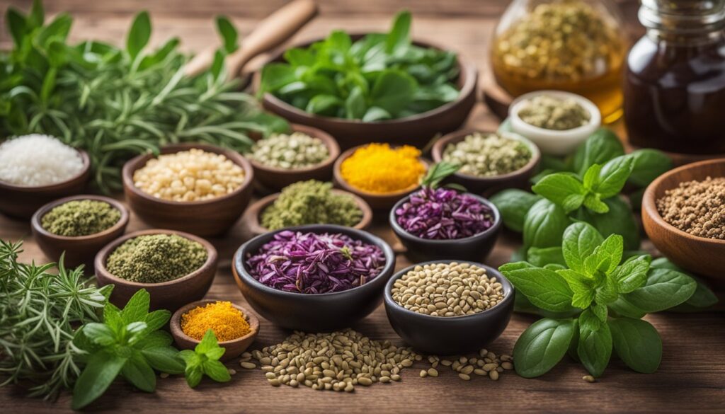 A variety of fresh and dried herbs displayed in small bowls on a wooden surface, potentially used for diabetes management.