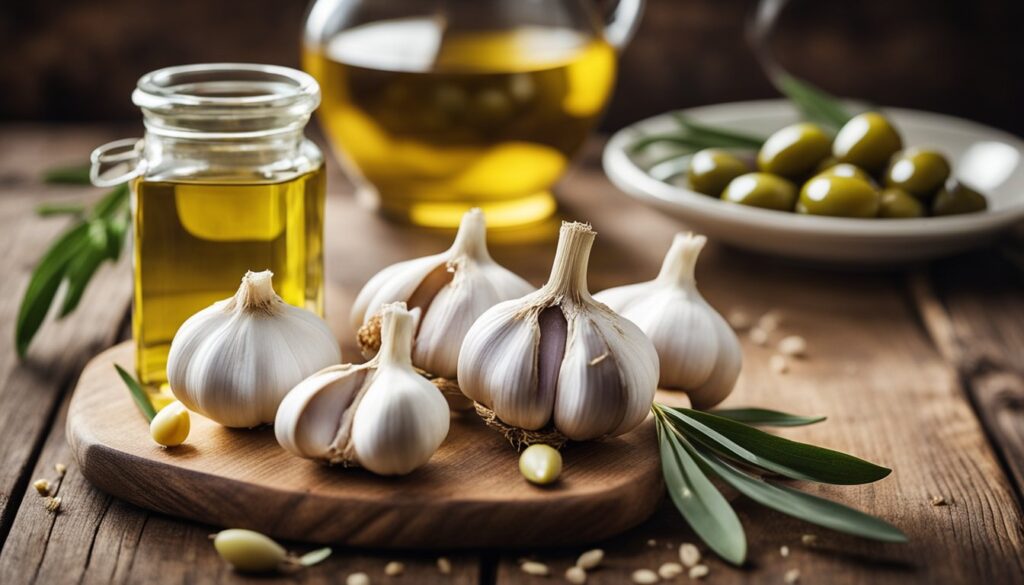 A still life image featuring garlic bulbs and cloves on a wooden cutting board, with olive oil in a glass jar and olives on a plate in the background, all set against a rustic wooden backdrop.