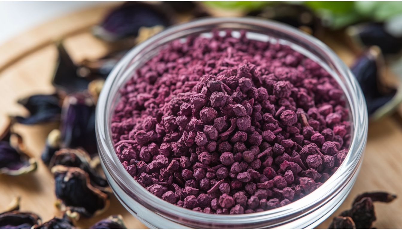 A close-up view of a glass bowl filled with finely ground hibiscus powder, displaying a vibrant purple hue. The bowl is placed on a wooden surface, surrounded by dried hibiscus petals that are dark in color.