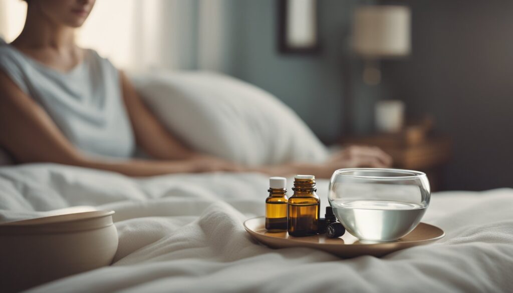 A tray with a glass of water, two small bottles that appear to be medicine or essential oils, and a bowl, possibly containing a home remedy or food, with a person sitting on a bed in the background.