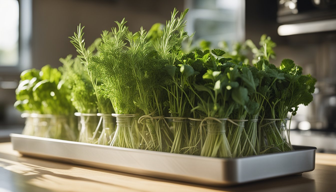 Fresh herbs including dill, parsley, and cilantro arranged neatly in glass jars on a white tray, bathed in natural sunlight on a kitchen counter.