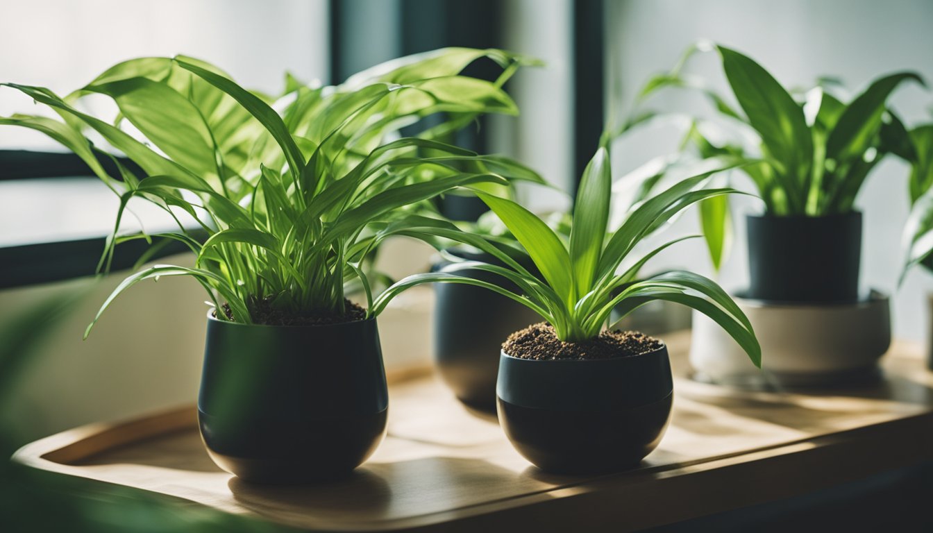 Three vibrant green indoor plants with elongated leaves growing in water, placed in spherical pots on a wooden tray against a softly lit background.