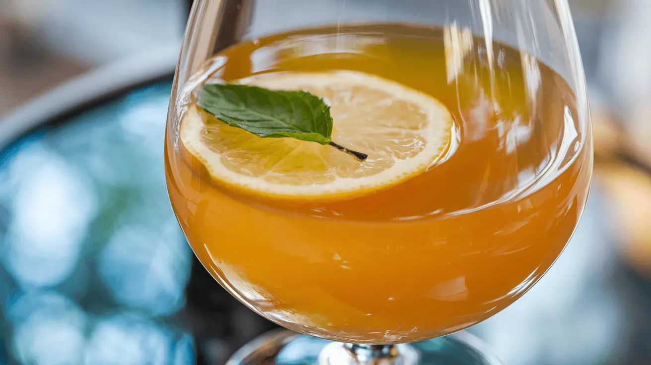 Close-up of a glass filled with orange-colored herbal drink, garnished with a lemon slice and a green leaf, possibly representing Jamu, traditional Indonesian herbal medicine.