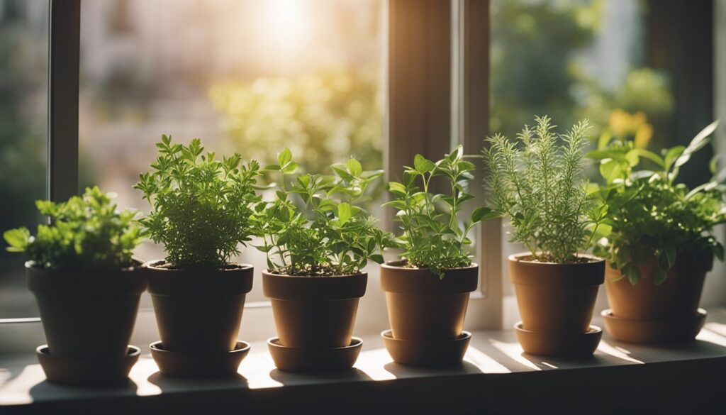 A row of potted herbs placed on a windowsill, basking in the warm sunlight filtering through the glass, indicating preparation for indoor growth during winter.