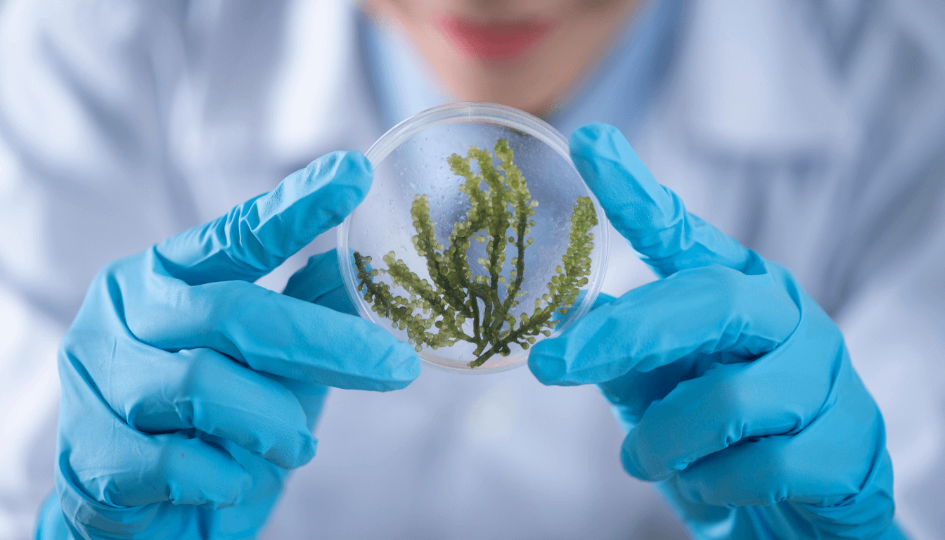 A naturopathic doctor wearing blue gloves holds a petri dish containing a green plant specimen.