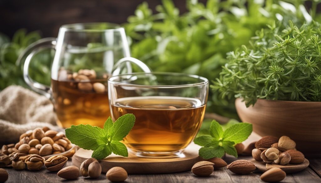 A still-life image featuring a variety of herbs and food items that are potentially associated with neurogenesis. The composition includes a glass cup of tea, fresh green mint leaves on a wooden spoon, almonds, pistachios, and a lush bowl of green herbs.