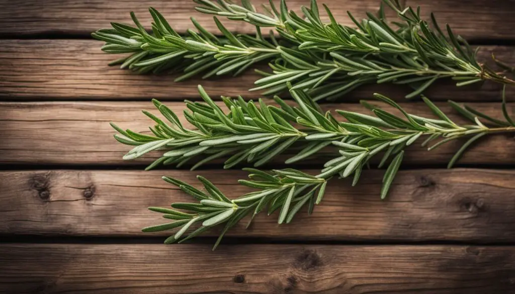 A photo of a rosemary plant with green leaves and blue flowers.