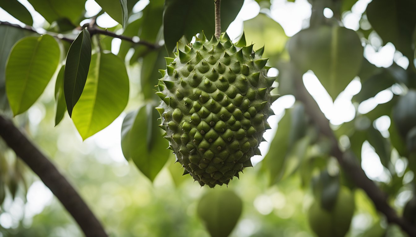 A single soursop fruit hanging from a branch, surrounded by lush green leaves against a soft-focus background.