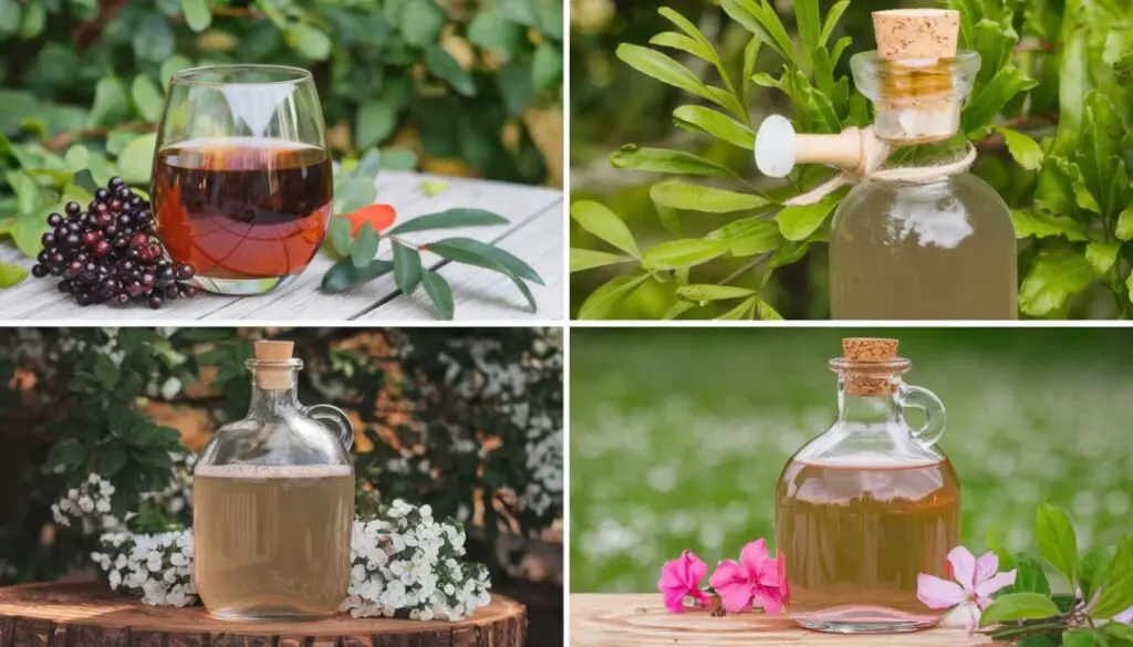 A collage of four images showcasing homemade herbal wines and meads. Top left: A glass of dark amber liquid beside a cluster of dark berries and green leaves. Top right: A clear bottle with a cork stopper filled with light yellow liquid, adorned with green leaves. Bottom left: A square bottle containing pale golden liquid on a wooden stump surrounded by white flowers. Bottom right: A round bottle with a cork stopper filled with amber liquid, placed next to vibrant pink flowers.