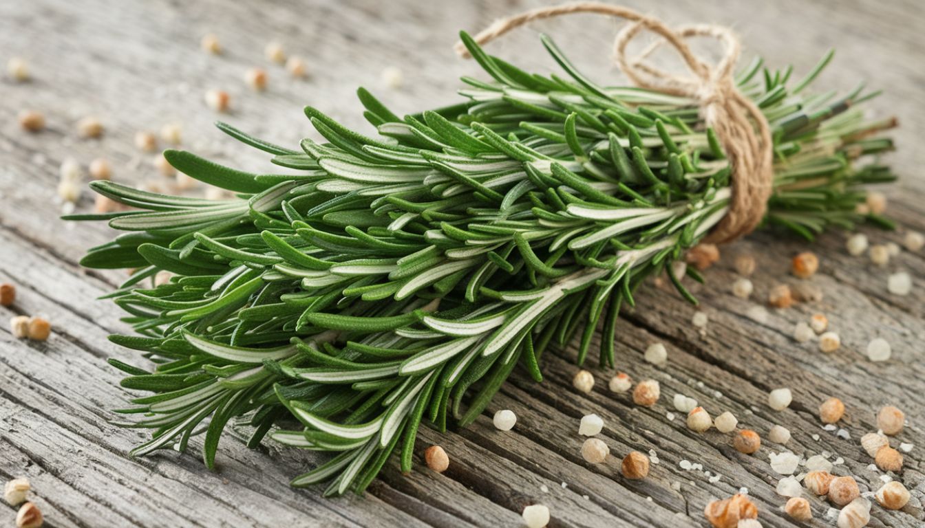 A bundle of fresh rosemary tied with twine, lying on a wooden surface scattered with loose peppercorns.