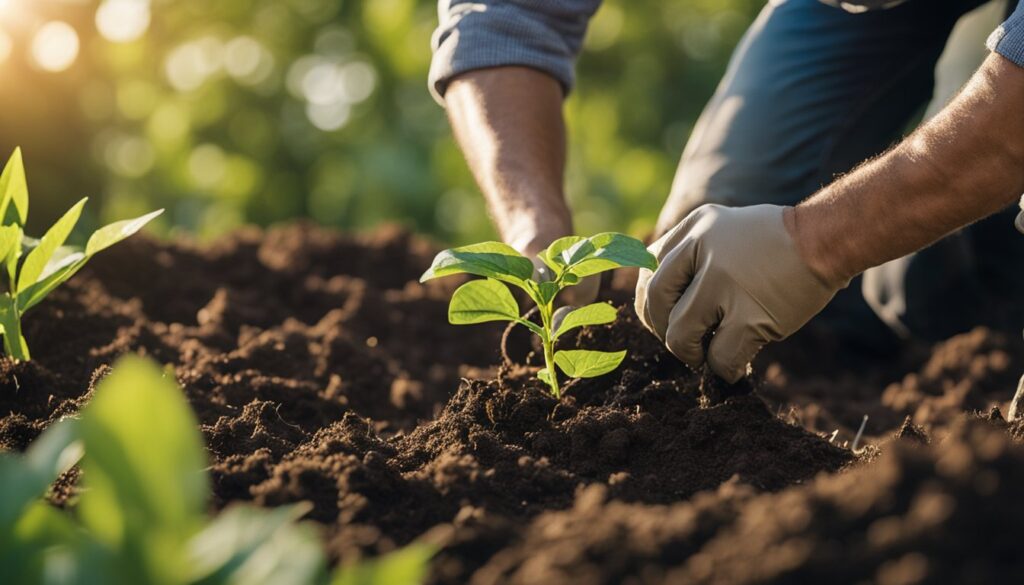 A person transplanting a young shrub into the soil, with hands wearing gloves carefully placing the plant in a dug-out area, during what appears to be late afternoon sunlight.