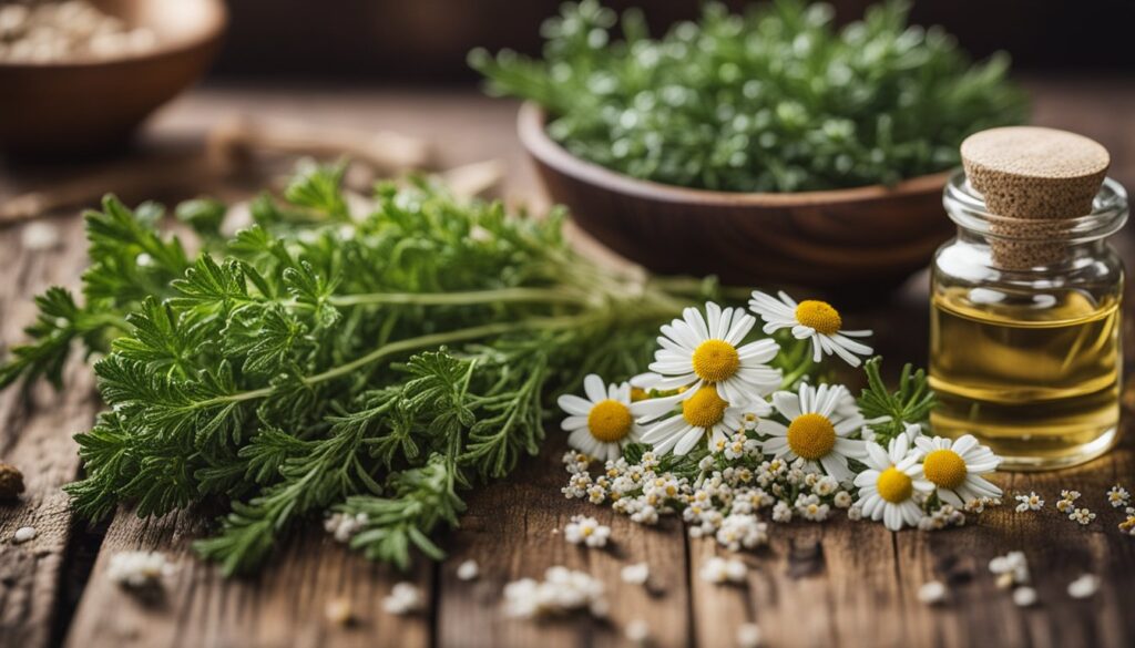 A close-up image showcasing a variety of fresh herbs and a small glass bottle with a cork, suggesting the preparation of herbal medicine.