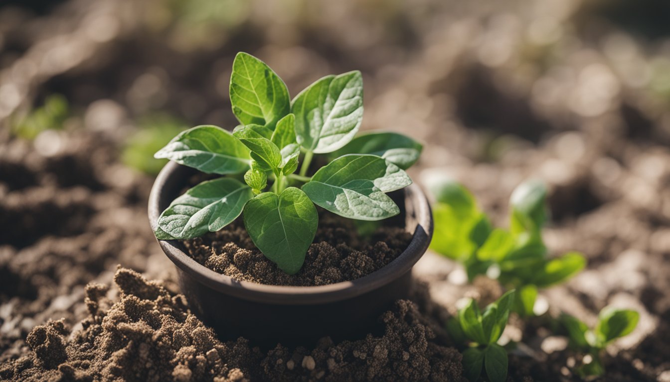 A healthy green herb plant in a small pot placed on soil, with sunlight highlighting its leaves.