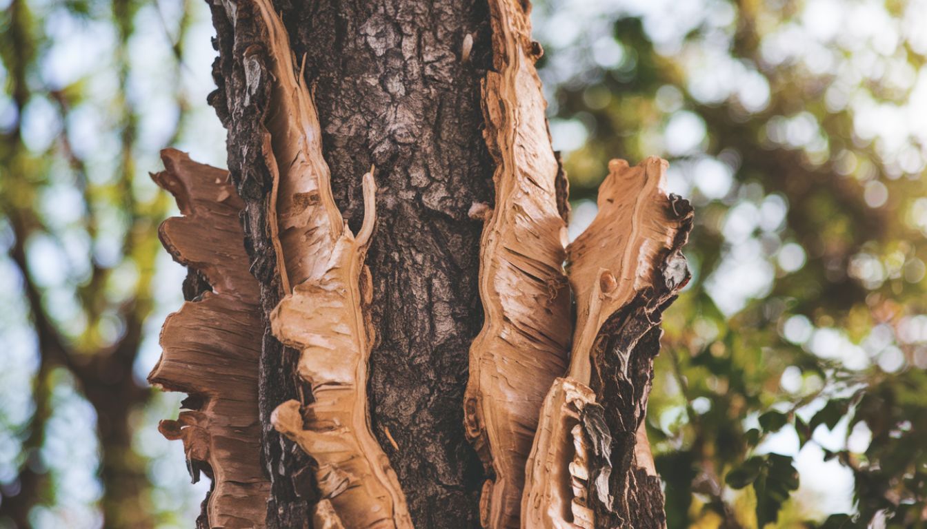 Close-up of wild cherry tree bark with peeling layers against a blurred background of green foliage.