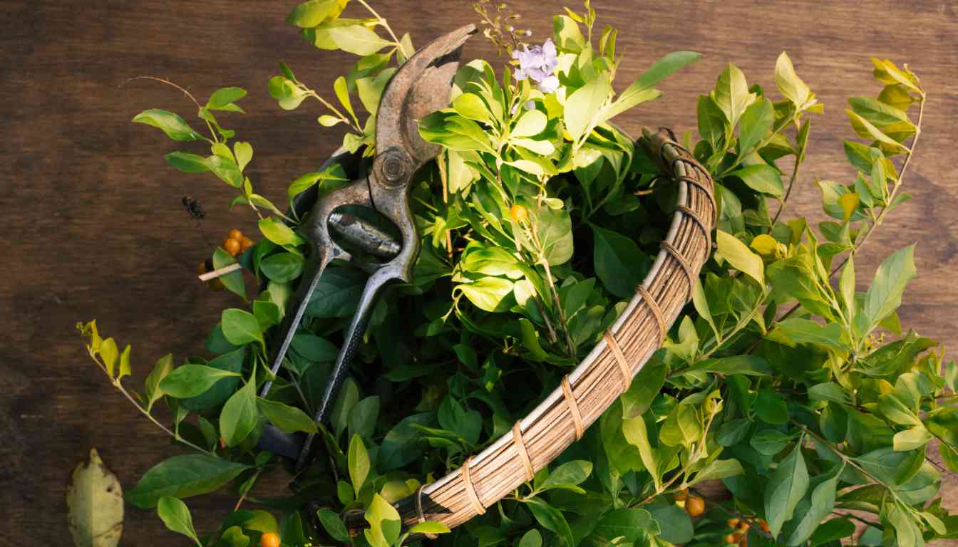 A pair of garden shears and a wicker basket filled with freshly cut green herbs and leaves, placed on a wooden surface.