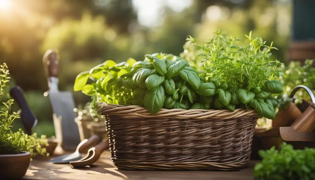 A wicker basket filled with freshly harvested basil sits on a wooden table, surrounded by various herbs and gardening tools in soft-focus background.