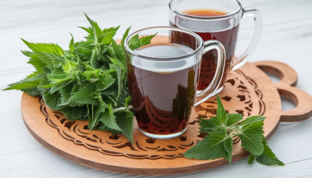 Two clear glass cups of herbal decoction on a carved wooden tray, accompanied by fresh green herbs.