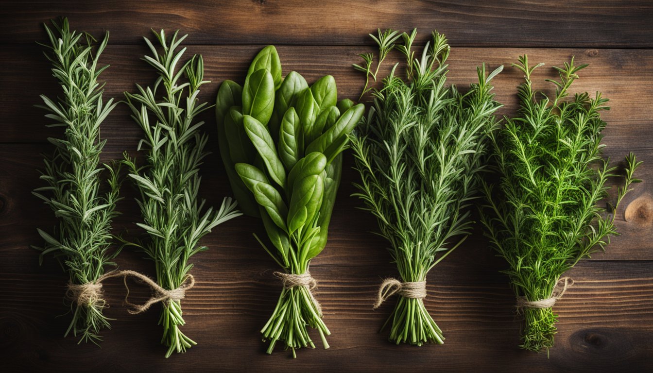 A variety of fresh herbs tied with twine, laid out on a wooden surface.