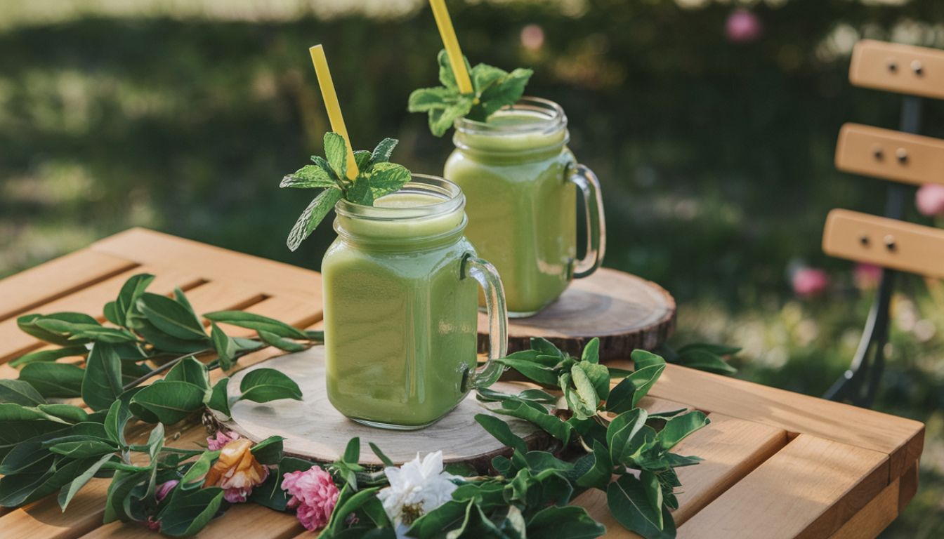 Two mason jar glasses filled with green herbal smoothie, garnished with mint leaves and yellow straws, placed on a wooden table surrounded by greenery and flowers.