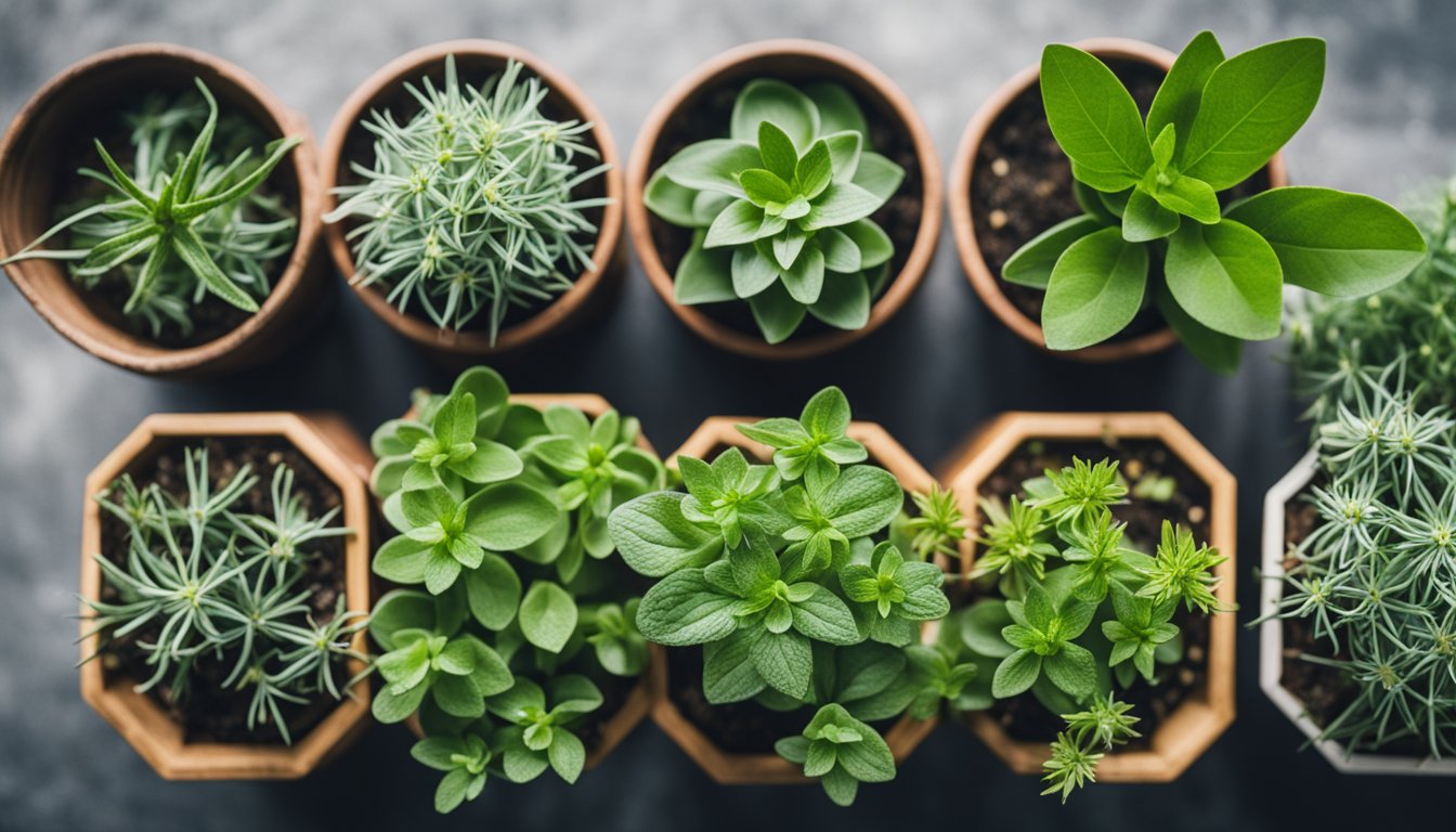 A variety of perennial herbs growing in round and hexagonal pots.