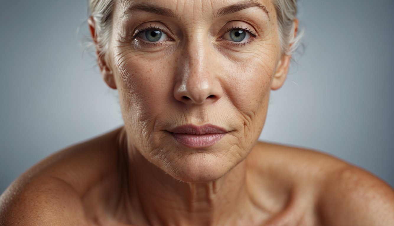 Close-up image showing the shoulders and upper chest of a person with signs of aging like wrinkles and grey hair, with the face blurred out.