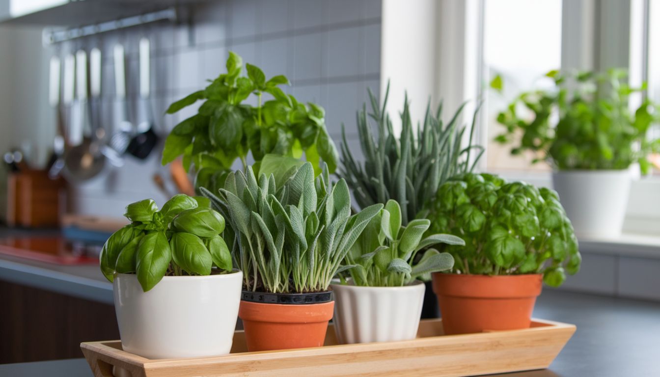 A variety of potted herbs placed on a wooden tray on a kitchen counter, with more potted plants in the background near a window.