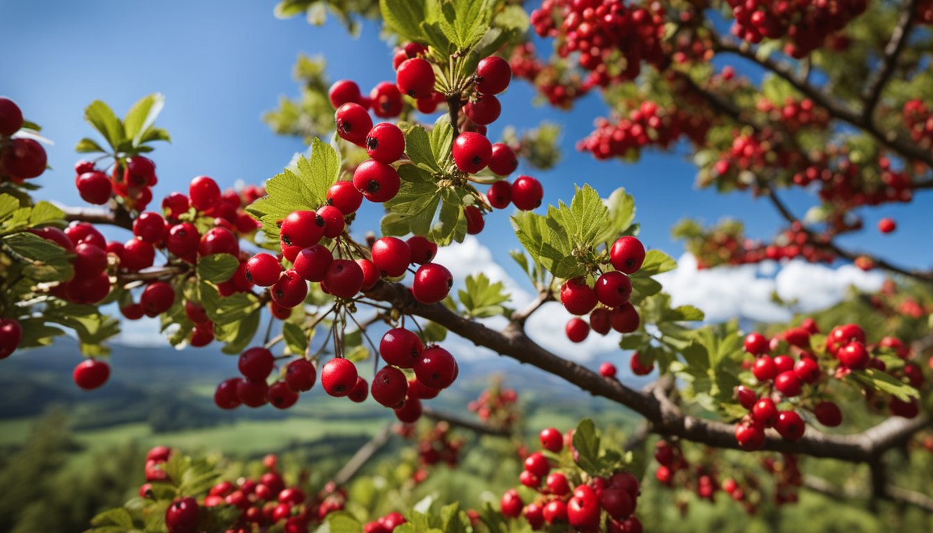 A vibrant image showcasing a branch of Hawthorn berries with lush green leaves against a clear blue sky and distant rolling hills.