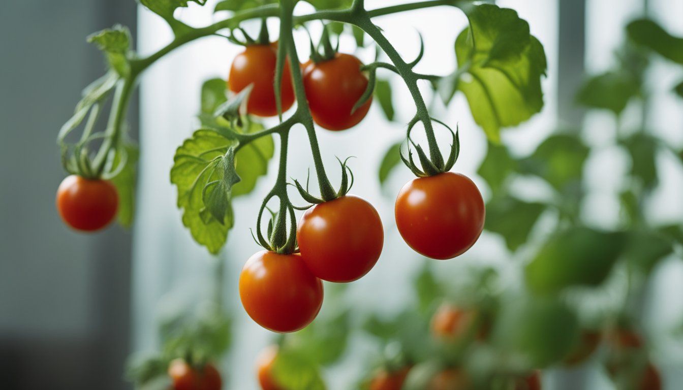 Several tomato plants in pots, with vibrant green leaves and small green tomatoes, illuminated by full-spectrum LED grow lights indoors.