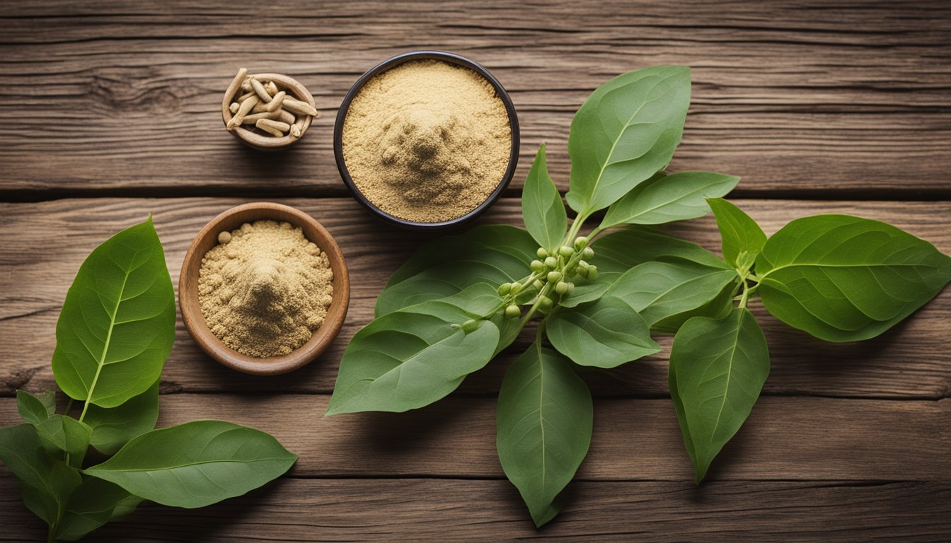 A top-down image of various adaptogenic herbs displayed on a wooden surface. The image includes fresh green leaves with a cluster of berries, a bowl of beige powder, and two smaller bowls—one containing beige powder and the other containing capsules.