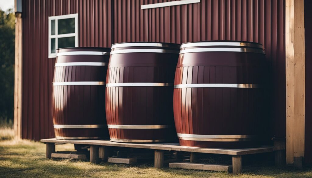 An picture showing a rainwater harvesting system, collecting rainwater from the roof into a large storage tank.