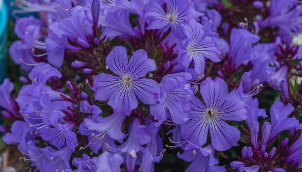 A close-up image of African Violet flowers with vibrant purple petals and prominent yellow and white centers.