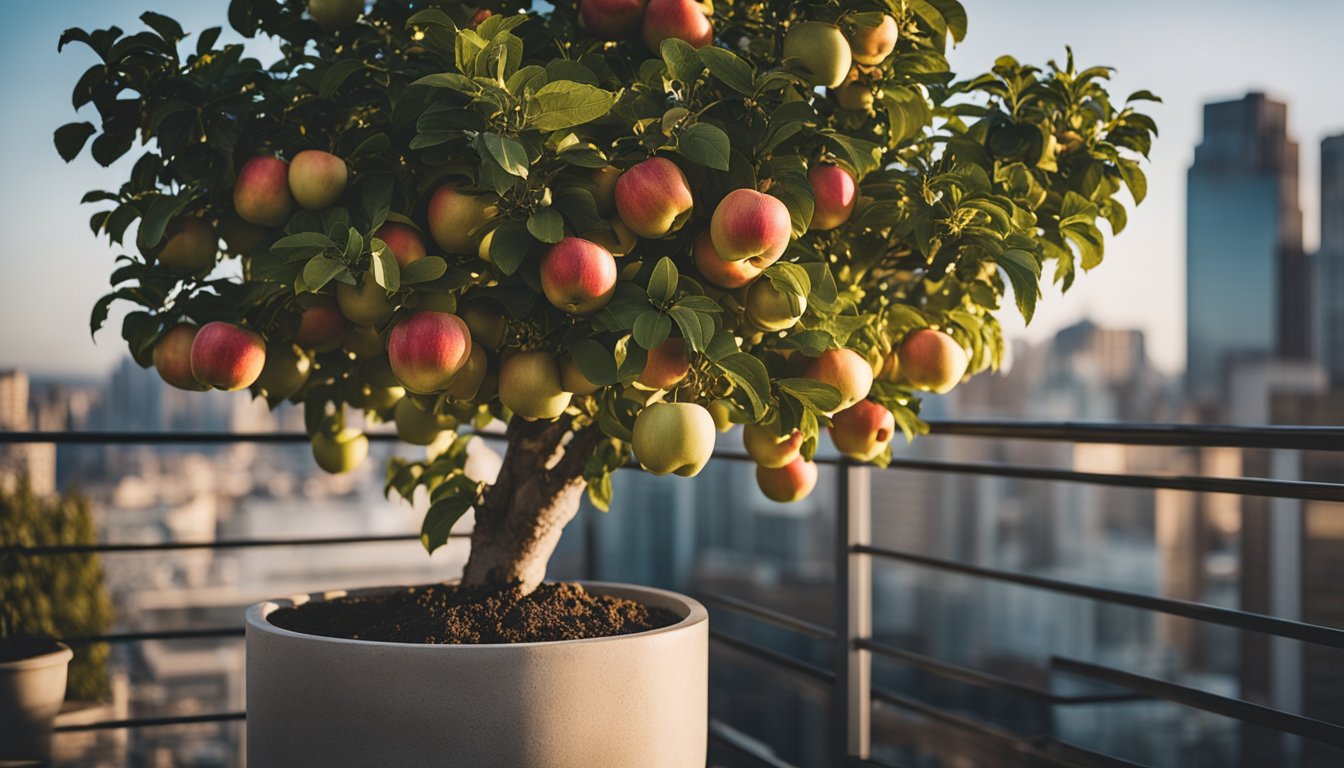 A potted apple tree with ripe red apples on a balcony, with a city skyline in the background during sunset.