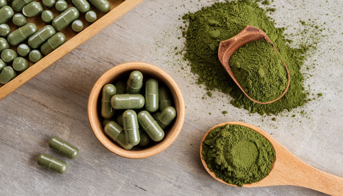 A top view of Spirulina in various forms, including powder on a wooden spoon, capsules in a bowl and scattered on the table, all against a neutral-toned background.