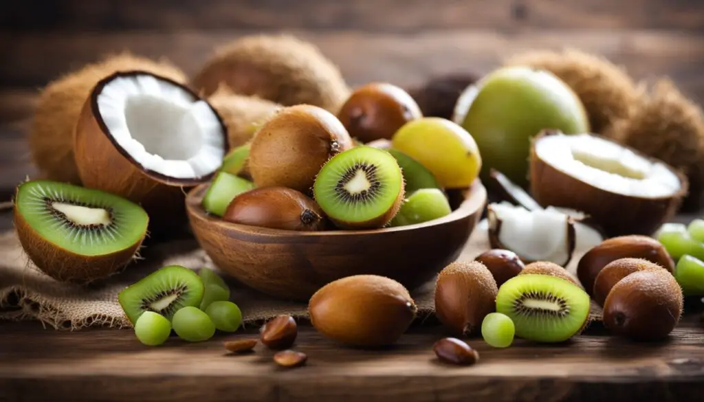 A variety of brown fruits, including kiwis, coconuts, and a bowl of mixed nuts, arranged on a wooden surface.