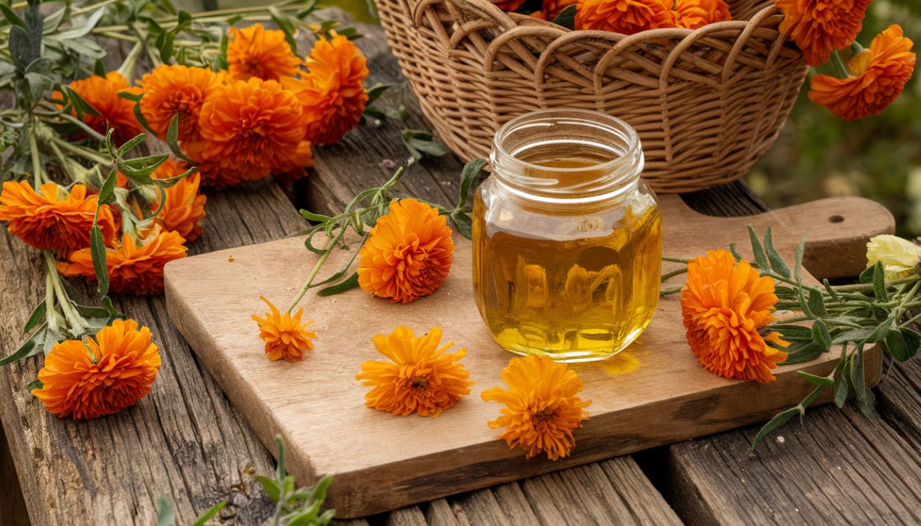 A jar of golden calendula-infused oil sits on a wooden cutting board surrounded by vibrant orange calendula flowers and green leaves. A wicker basket filled with more calendula flowers is in the background.