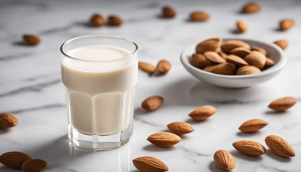 A glass of almond milk on a marble counter with whole almonds scattered around it and a small bowl of almonds in the background.