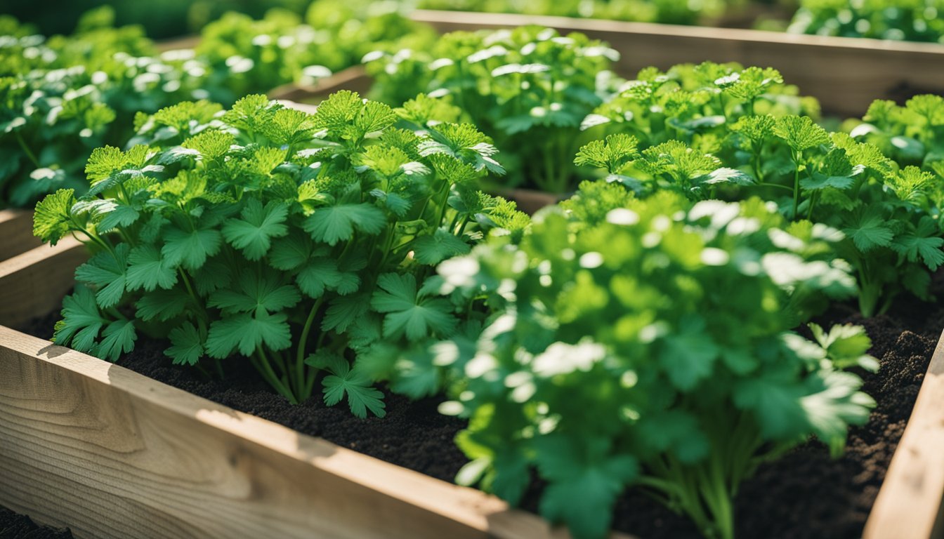 A close-up view of lush green herbs growing in wooden raised garden beds, indicating a well-maintained herb garden suitable for beginners.