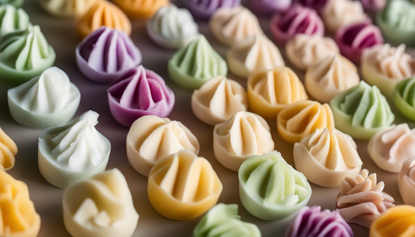 A close-up view of colorful, bite-sized freeze-dried yogurt pieces arranged in rows. The yogurt pieces are in various pastel colors including green, purple, white, yellow, and orange, each with a swirled, piped texture.