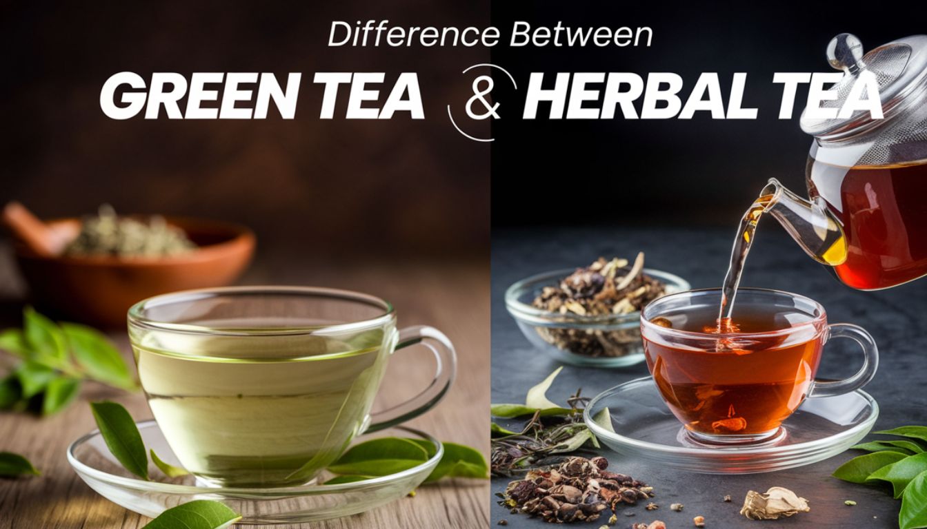 An image comparing green tea and herbal tea with the title “Difference Between GREEN TEA & HERBAL TEA”. On the left, a clear glass cup and saucer contain light green liquid, with a wooden spoon of dried green tea leaves beside it. On the right, a glass teapot pours dark amber liquid into a clear glass cup surrounded by various dried herbs and flowers.