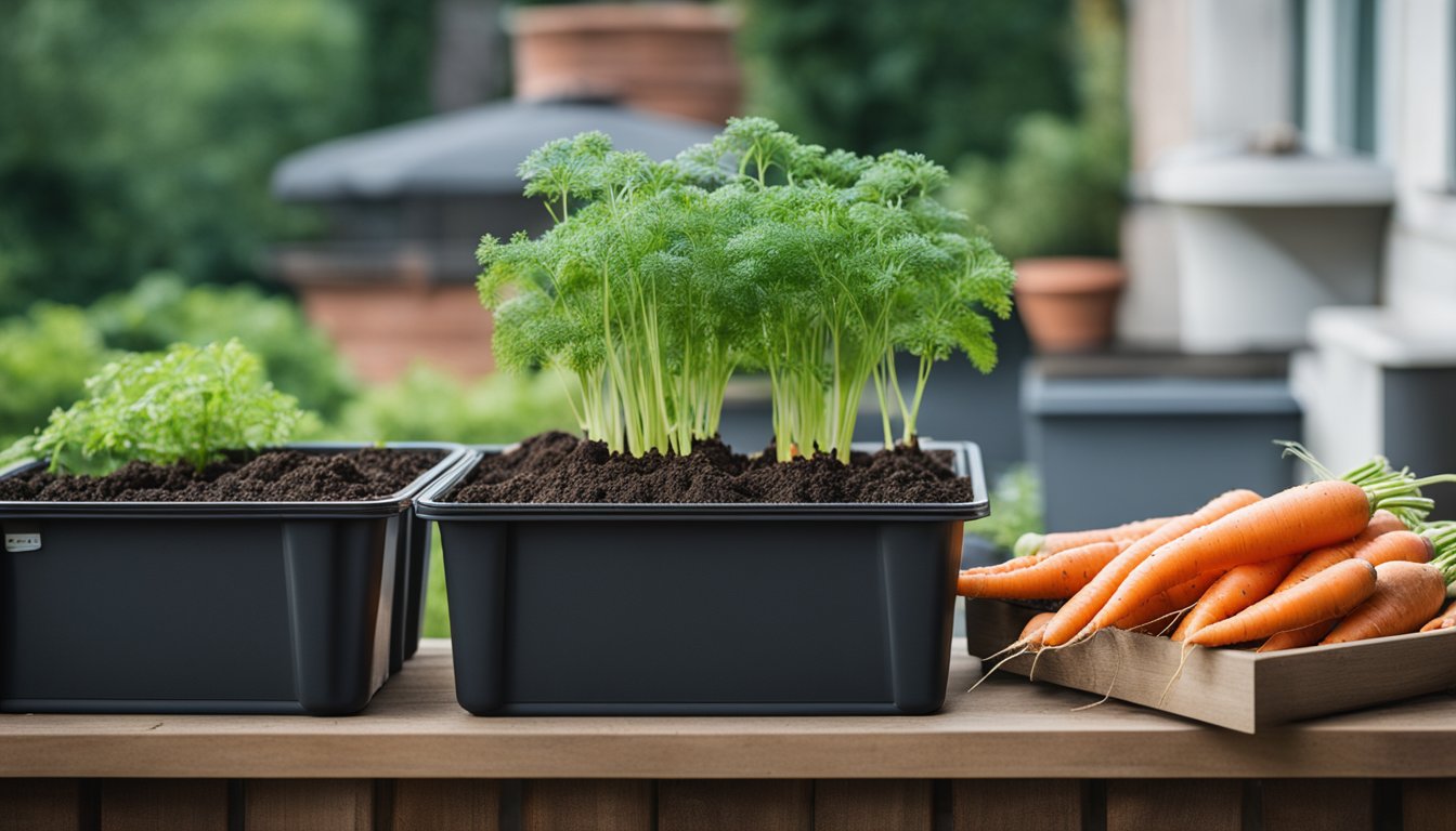 A pot with thriving green carrot tops growing out of the soil.